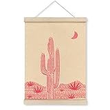HRQKO Pink Western Cactus Wall Art Poster Hanger Frame, Cactus Wall Decor, Desert Wall Art with Wooden Frames, Mid Century Southwest Hanging Banner Decor For Girl Dorm Room Essentials, 12x16 Inch
