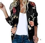 HipGlamp Women's Floral Light Blue Bomber Jacket Vintage Streetwear Ribbed Hem Digital Print Lightweight Coat for Outdoor Leisure