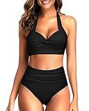 Tempt Me Women Two Piece Swimsuit High Waisted Bikini Halter Vintage Retro Bathing Suit Black Push up Swimwear L