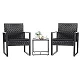 Flamaker 3 Pieces Outdoor Patio Wicker Furniture Set, Modern Rattan Chair Conversation Sets with Coffee Table for Yard and Bistro (Black)
