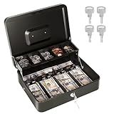 Cash Box with Money Tray and Lock, Metal Money Box for Cash Register, Large Cash Lock Box for Money Safe Includes 5 Slots Coin Tray, 4 Bill Slots, 4 Keys, 11.8" x 9.4" x 3.54" Black
