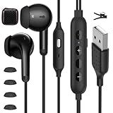 APETOO USB Computer Headphones with 2 Preset EQs - Bass Boost & Clear Vocal - Microphone & Volume Control, Mute Button, HiFi Stereo Noise Canceling USB-A Wired Earbuds for PC/Laptop, 7.5ft Long Cord
