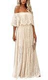 HOYISHION Women's Off The Shoulder Floral Lace Maxi Wedding Dress Boho Flowy Brides Bridesmaid Party Long Dress Apricot