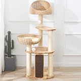 Solid Wood Cat Tree Tower, Modern Cat Tree with Scratching Post, Handwoven Basket, Sisal Scratching Board
