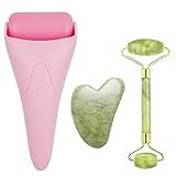 Chikoni 3 in 1 Ficial Face Ice Jade Roller and Gua Sha Tool, Natural Real Jade Anti-Wrinkle Face Eye Neck Massager Tool, Reduce Wrinkles, Puffiness, Migraine, Redness, Pain and Injury，Pink