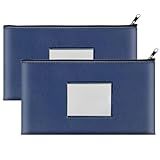 2 Pack Money Bags with Zipper, Bank Pouch with Label, 11 x 6.1 Inch PU Leather Cash Deposit Holder for Coins, Invoice, Bills, Cosmetics, Tools (Navy Blue)