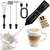 Zulay Kitchen Rechargeable Milk Frother Handheld - Frother Wand, Drink Mixer, Electric Whisk Frother, for Cappuccinos, Matcha & Protein Powder - Dynamic 3 Whisk, 3 Speed 500mAh Black