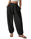 Bsubseach Womens Cotton Harem Pants Elastic Waist Baggy Pant Drawstring Balloon Trouser Loose Beach Pants with Pockets Black M
