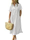 ebossy Women's Boho Striped Shirt Dress Button Up Side Slit Loose Mid Long Cotton Dress with Pockets (L, White)