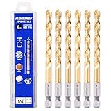 JEFE HEX 1/4" HSS Twist Titanium Drill Bits, Hex Shank for Quick Change, 135 Degree Easy Cut Split Point Drill Bit for Steel, Copper, Aluminum, Zinc Alloy, Wood, and Plastics (Pack of 6).
