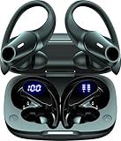 Hybrid Active Noise Cancelling Ear Buds Wireless Earbuds Bluetooth Headphones with 80H Playback Wireless Charging Case & Dual LED Display Over Ear Hooks Earphones for Sports Running Gym Workout Black