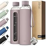 KIVY Glass Water Bottle with Silicone Sleeve 32 oz [WITH MEASUREMENT] - Borosilicate Glass Water Bottle Screw Top - Clear Bottles with Measurement Marking - Slim Waterbottle Aesthetic - Taupe