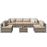 Shintenchi 7 Pieces Outdoor Patio Sectional Sofa Couch, Wicker Furniture Conversation Sets with Washable Cushions & Glass Coffee Table for Garden, Poolside, Backyard (Khaki)