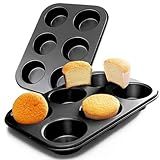 ASBAYSON 2 Packs Premium Steel Muffin Pan for Baking, Round Muffin Baking Pan, Baking Tray for Muffins, Cupcakes, Brownie(Black, 6 Cup)