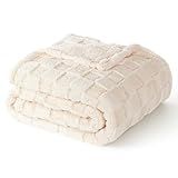 Exclusivo Mezcla Fleece Throw Blanket for Couch,Super Soft and Warm Lightweight Checkered Pattern Blankets for All Seasons, 50x60 Inches, Ivory
