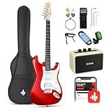 Donner 39-Inch Electric Guitar Starter Kit with Solid Body, HSS Pickup, Accessories, Amplifier, Lessons, and Digital Tuner - Red