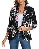 MINTLIMIT Women's Casual Blazers 3/4 Sleeve Open Front Blazers Work Office Jacket with Flap Pockets (Floral Black, Size 2XL)