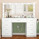 FIONESO 46" Vanity Desk with Glass Top & Lights Mirror, 3 Adjustable Lighting Color, Makeup Vanity with 9 Drawers and 12 LED Lights, Dressing Table for Bedroom, Vanity for Girls, White