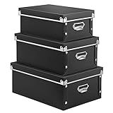 SEEKIND Storage Box, Decorative Storage Bins with Lid,3 in 1 Set,Plastic,with Handles,Press-Stud Fastening,Moisture-proof,Foldable for Space Saving Storage,for Clothes,Cosmetic,Blankets (Black) …
