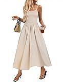 Relipop Women's Smocked Midi Dresses 2026 Summer Plaid Cute Sundress Casual Spaghetti Strap Swing A Line Flowy Vacation Dress with Pockets Khaki Large