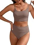 ANRABESS Women High Waisted Bikini Sets Color Block Summer Beach Vacation 2 Piece Bathing Suit Tummy Control Ribbed Swimsuit Brown Medium