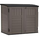 Suncast 34 Cu Ft Horizontal Resin Plastic Storage Shed - Outdoor Storage Shed with Floor Included, Lockable, Weatherproof, Fits Small to Medium Trash Cans, Generators, & Garden Tools, Stoney Black