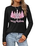 HQP Christmas Shirts for Women: Long Sleeve Christmas Shirts Xmas Tree Graphic Vacation Tees Tops