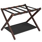 HOOBRO Luggage Rack, Bamboo Suitcase Stand, Folding Luggage Holder, with Nylon Straps and Oxford Fabric Shelf, for Guest Room, Hotel, Bedroom, Brown and Black BR17XL01G1