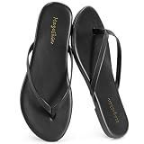 mazeskin Women's Memory Foam Comfortable Flat Thong Sandals Dressy Summer Beach Leather Slide Flip Flops,Black US8