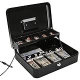 Jssmst Large Locking Cash Box with Money Tray, Lock Box with Security Cable Metal Money Box with Key Lock, Black, CB02304XL