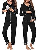 Ekouaer Maternity Pajama Set Button Down Nursing Pajamas Long Sleeve Breastfeeding Loungewear with Adjustable Pants Black