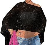 Vicarly Women Poncho Shawl Top Beach Cover Up Sequin Black M