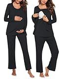 Ekouaer Maternity Nursing Pajama Set Long Sleeve Top & Pants with Pockets Breastfeeding Sleepwear Double Layer Pregnancy Black L
