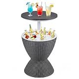 Tangkula Outdoor Cooler Table, Multi-Functional Cooler Bar Table, Adjustable Height Ice Cooler Side Table w/Drain Plug, 8 Gallon Beer & Wine Cooler, Rattan Style Patio Furniture for Pool Parties
