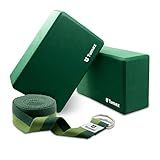 Tumaz Yoga Blocks 2 Pack with Strap Set, High Density/Lightweight EVA Foam and Non-Slip Natural Cork Blocks & Premium 8F Yoga Strap Set - E-Book Included (dark green, 2PS)
