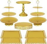 Fivenl 8 Pcs Cake Stand Gold Metal Dessert Table Display Set, 3-Tier Cupcake Stand, Cake Display Tower and Cookie Tray Rack Serving Tray for Birthday Party, Weddings, Baby Shower (Gold)