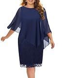 Navy Blue Dress Women Plus Size Wedding Guest Cocktail Party Mother of Bride Semi Formal Cape Lace Chiffon Overlay Dress