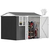 DWVO 8' x 6' Outdoor Storage Shed, Waterproof Metal Garden Shed with Windows, Lockable Doors, and Sloped Roof for Patio, Backyard, Lawn, Tool Storage, Bike Shed, Pet Shelter (Gray + White)