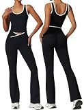OLCHEE Womens Workout Sets 2 Piece Gym Yoga Outfits Crossover Flare Leggings Crop Tank Top with Contrast Trim - Black Large