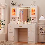 White Makeup Vanity Desk with Mirror and Lights, Large Vanity Table Set with Charging Station, Dressing Table with RGB Cabinets, Makeup Vanity Mirror with Light Desk and Drawers, 3 LED Light Modes