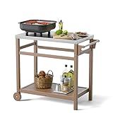 TORVA Outdoor Prep Grill Carts, 303 Stainless Steel Tabletop with High Load Capacity Portable BBQ Table, HDPE Durable Frame 2-Tier Storage Cart, Wood