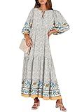 ANRABESS Womens Boho Maxi Dresses 2025 Summer V Neck Puff Sleeve Floral Flowy Swing Fall Casual Long Dress Blue Floral Small