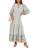 ANRABESS Womens Boho Floral 3/4 Puff Sleeve Maxi Dress Blue Floral XXL