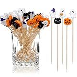 Chengu 200 Pcs Halloween Cocktail Picks for Appetizers, 4.7 Inch Bamboo Toothpicks Pumpkin Cat Ghost Halloween Party Decorations for Food, Cocktail, Desserts, Fruit, Cake, Salad