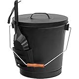 F2C 5.5 Gallon Large Ash Bucket with Lid and Shovel Fireplace Tool Set,Galvanized Metal Coal and Hot Ash Pail for Fireplace, Fire Pits, Wood Burning Stoves, Grill, Outdoor,Home Black