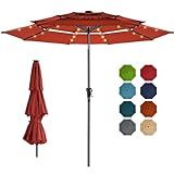 HOMSHADE 9FT 3-Tier Solar Patio Umbrella Heavy Duty,Vented Market Table Umbrella Windproof w/32 LED Lights,UPF50+,3-year Fade Resistant,8 Thicker Ribs for Pool,Lawn,Garden,Deck (Red,No Base)
