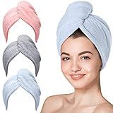 Hicober Microfiber Hair Towel Wrap, Fast Drying Hair Towels for Women, Soft Lightweight Quick Dry Turban for Curly & Long Hair–3 Pack(Blue/Grey/Pink)