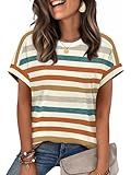 WIHOLL Womens Tops Summer Outfits 2026 Teacher Fall Clothes Boho Vacation Travel Cruise Essentials Fashion Trendy Short Sleeve T Shirts Clothing Orange Stripes L