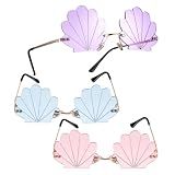 3 Pcs Shell Sunglasses, Mermaid Accessories for Women Girls, Fun Seashell Sunglasses, Novelty Rimless Eyeglasses for Beach & Pool Party, Funny Photo Booth Props (Purple, Pink, Blue)