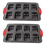 PLAZOTTA 2 Packs 8 Cavity Non-Stock Mini Loaf Pan with Silicone Handle, Mini Bread Loaf Baking Pan Mini Brownie Pan Cheesecake Mould Rectangular Bar